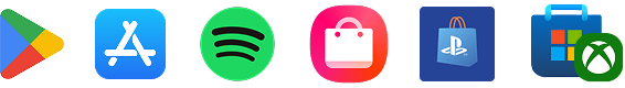 Google Play 스토어, Apple App Store, Spotify, 갤럭시 스토어, PlayStation Store, Microsoft Store, Xbox 앱